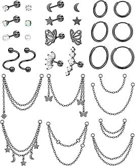 20G Cartilage Earrings Set For Women Men Stainless Steel Small Huggie Hoop Earring Flatback Star Moon Butterfly CZ Cartilage Stud Earrings Chain Dangle Cartilage Helix Tragus Piercing Jewelry