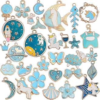 1 Set 31pcs DIY Mixed Assorted Gold Plated Enamel Charm Unicorn Flower Dress Fish Shell Moon Star Animals Pendant DIY for Necklace Bracelet Jewelry Making and Crafting Charms