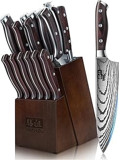SHAN ZU Knife Set 16 pcs, Japanese Kitchen Knife Set with Block High Carbon Stainless Steel Ultra Sharp Chef Knife for Kitchen with Block and Sharpener