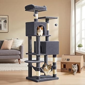 Feandrea Cat Tree, 59.5-Inch Tall Cat Tower, Plush Multi-Level Condo with 5 Scratching Posts, 2 Perches, 2 Caves, Hammock, 2 Pompoms, Smoky Gray UPCT192G01