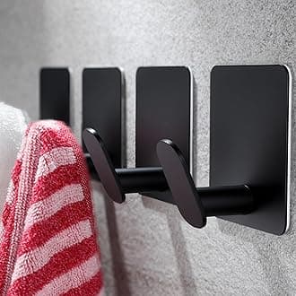 YIGII Adhesive Hooks, 4 Pack Black Towel Hooks for Bathroom and Kitchen, Waterproof Stainless Steel Wall Hook for Hanging Coat, Hat, Loofah