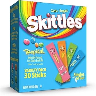 SINGLES TO GO! Skittles Singles To Go Tropical Flavors Variety Pack, Powdered Drink Mix, Strawberry Starfruit, Mango Tangelo, Kiwi Lime, Pineapple Passionfruit, 1 Box (30 Single Servings)