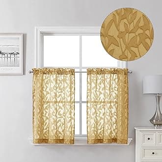 Lecloud Leia Dark Gold Sheer Kitchen Curtains 30 Inch Length 2 Panels, Breathable Leaf Textured Bedroom Voile Curtain Tiers, Dual Rod Pockets Jacquard Drapes for Bathroom Cafe, 40 W x 30 L