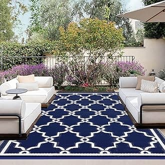 OutdoorLines Outdoor Reversible Rugs for Patio 4x6 ft - Outside Plastic Carpet, Stain & UV Resistant Portable RV Mat, Straw Rug for Camping, Backyard, Deck, Picnic, Porch Moroccan Navy & White