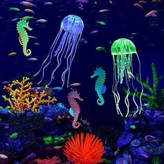 Lpraer 6 Pieces Glow Aquarium Ornaments Artificial Glow Floating Jellyfish Seahorse Anemones Silicone Simulation Fish Tank Decorations for Fish Tank