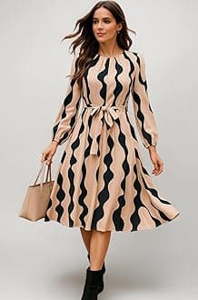 - Women’s A-Line Midi Dress | Long Sleeve Belted Fit and Flare Gown | Elegant Printed Casual Outfit
