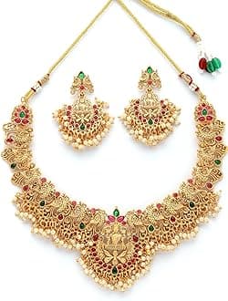 South Indian Traditional Stylish Gold Plated with Beaded Studded Choker Necklace with Dangle Earring Jewellery Set for Women & Girls