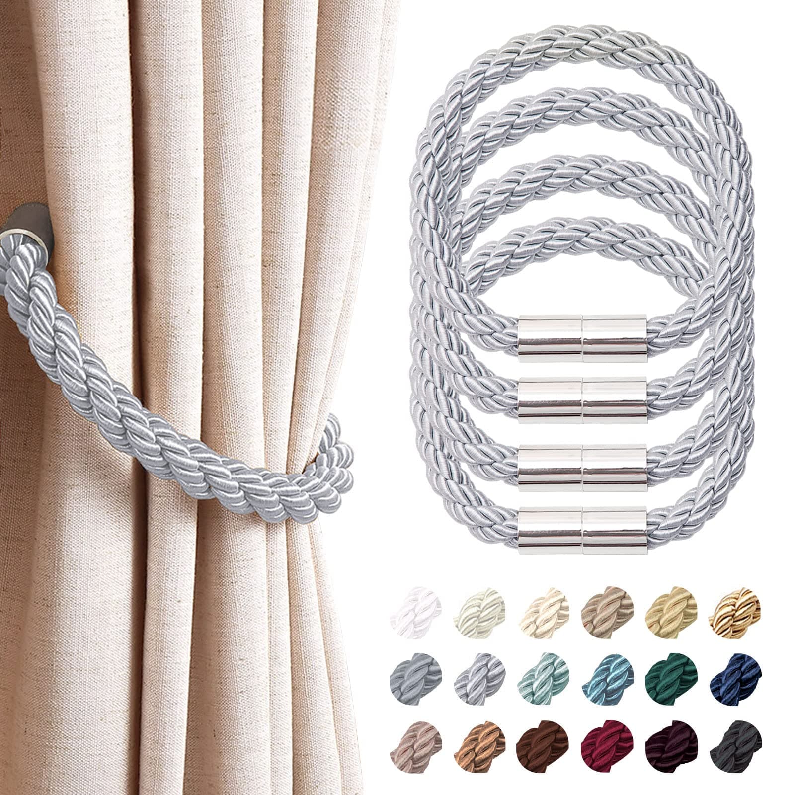 NICEEC 4 Pack Strong Magnetic Curtain Tiebacks Modern Simple Style Drape Tie Backs Convenient Decorative Weave Rope Curtain Holdbacks for Thin or Thick Home & Office Window Draperies (Light Grey)