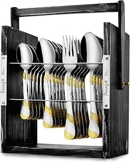 Parage 25 Pieces Stainless Steel Imperial Cutlery Set with Wooden Hanging Stand for Dining Table (Contains: 6 Tea Spoons, 6 Table Spoons, 6 Table Forks, 6 Dinner Spoon), 24k Golden Plated Spoon Set