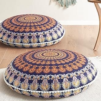 Codi Meditation Floor Pillows Set of 2, Round Large Pillow Seating for Adults, Bohemian Mandala Circle Floor Cushion for Outdoor Fireplace Yoga Living Room, 32 Inch, Yellow Memory Foam Added