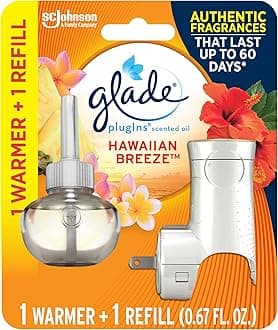 PlugIns Refills Air Freshener Starter Kit, Hawaiian Breeze, Scented and Essential Oils for Home and Bathroom, 0.67 Fl Oz, 1 Warmer + 1 Refill