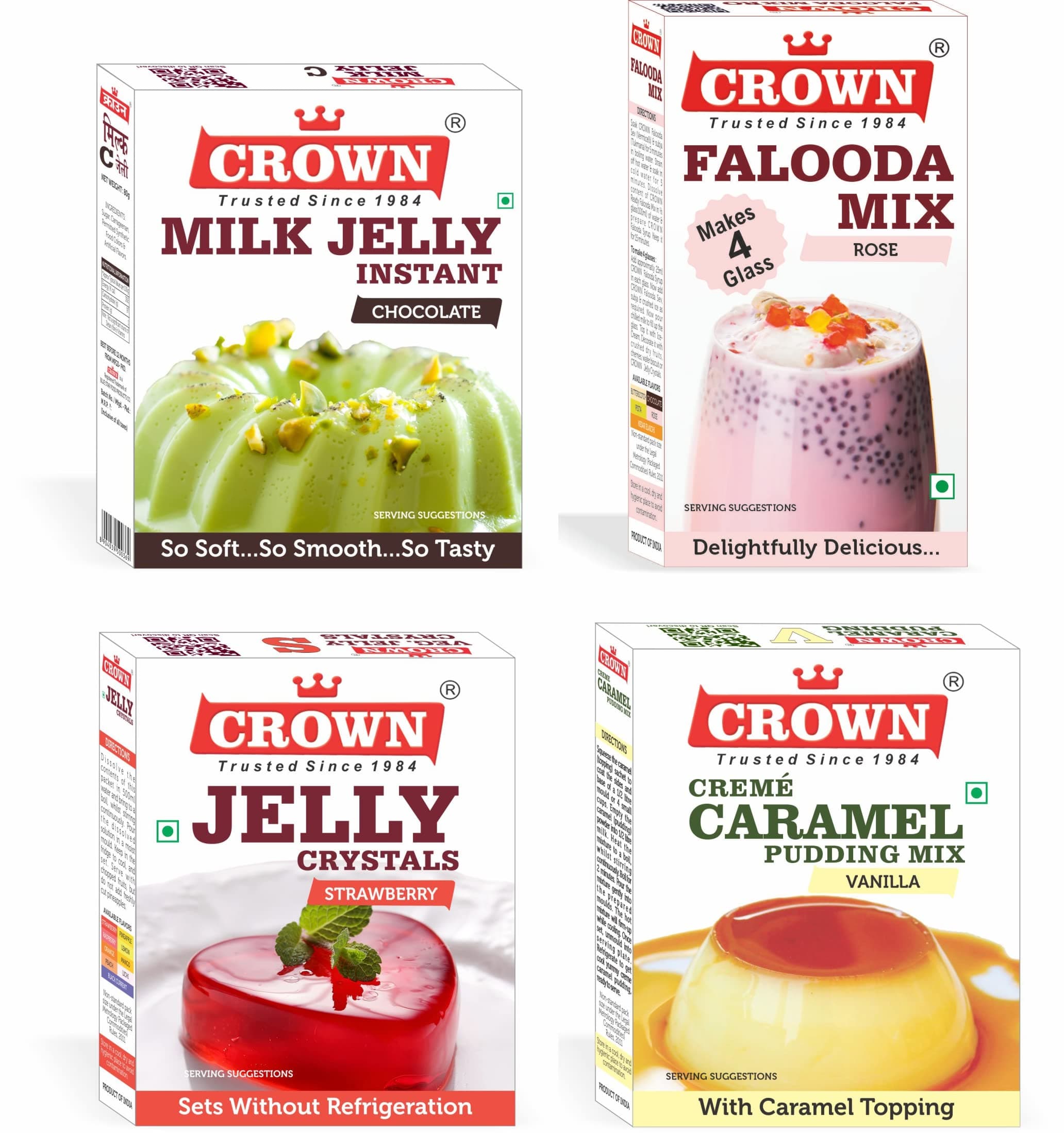 CROWN Festive Desserts Pack (Gift Hamper containing Caramel Pudding 100g + Jelly Crystals 90g + Falooda Mix 100g + Milk Jelly/China Grass 80g)