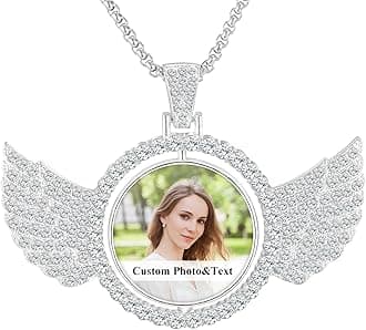 Premium Custom Necklaces with Pictures - Photo Necklace Picture Pendant Personalized Custom Memory Necklaces Angel Wings Round Chain Gifts for Men Women