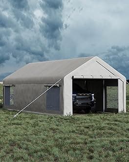 GarveeLife 13x25 ft Carport with 10 Sandbags, Car Port with 220 g PE Tarp, 2 Roll-Up Doors, and 4 Windows, for Full-Size Pickups, Bass Boats, Tractors, and SUVs, White
