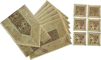 Dining Table Placemats Set of 13 Pieces, Ethnic Brocade Silk with Golden Woven Work- (1 Table Runner, 6 Mats, 6 Coasters) (Dark Beige)