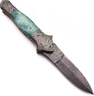 Damascus Folding Pocket Knife – The Ultimate Tactical Gear for EDC, Hunting, Survival, and Camping – Premium Bone Handle & Handcrafted Leather Sheath for Men and Women – Unmatched Craftsmanship and Reliability-(DCF-24-Reptille)