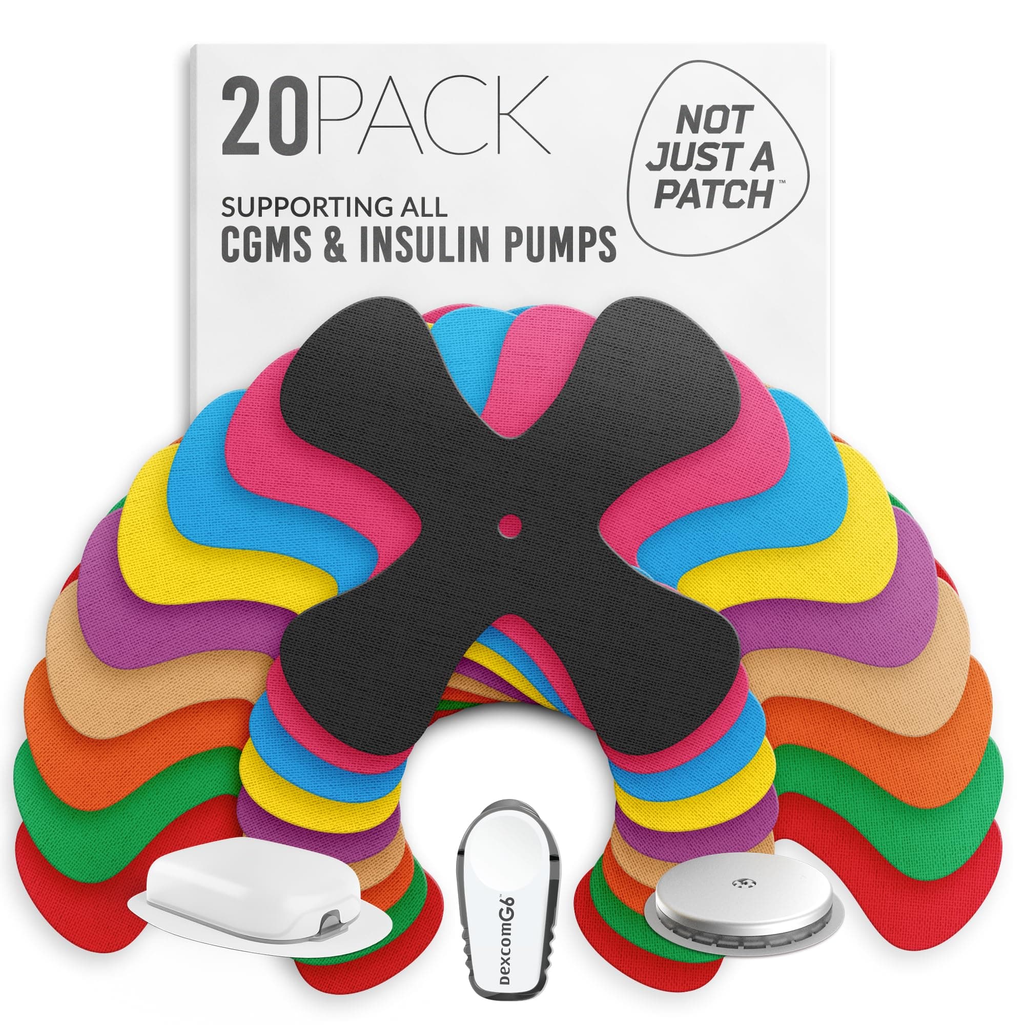 X-Patch CGM Sensor Patches (20 Pack) - Water Resistant Omnipod 5 Adhesive Patches - Durable for Active Lifestyle for 10-14 Days - Compatible with Dexcom G6, Libre 2 in Multi-Color