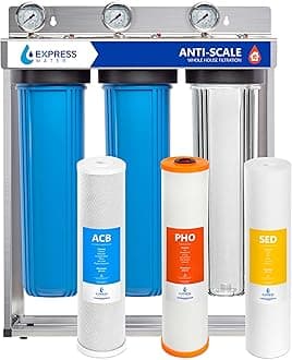 Whole House Water Filter System, Anti-Scale 3 Stage Water Filtration System - Polyphoshate Sediment Carbon Filters - Protect from Scale & Corrosion, Clean Drinking Water, Stainless Steel