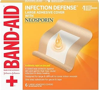 Brand Infection Defense Adhesive Wound Covers with Neosporin Antibiotic Ointment On The Pad for First Aid Wound Care, Bacitracin Zinc & Polymyxin B Sulfate, Sterile, Large, 6 ct