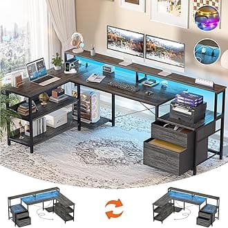 AheaplusL Shaped Computer Desk with LED Strip & Power Outlet,Reversible Gaming Desk with File Drawer,Black Oak