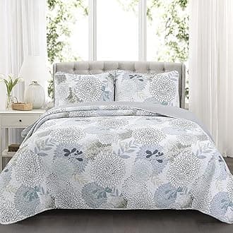 Nina Trista Flowers Aqua Blue Tape Grey Floral Print 100% Cotton Reversible Quilt Bedding Set, Bedspread Coverlet (Aqua Blue, King - 3 Piece)