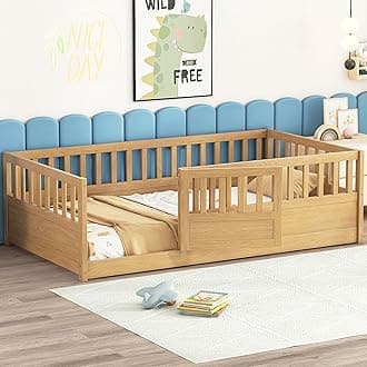 Twin Floor Bed with High Fence and Door, Twin Floor Bed Without Slats, Natural