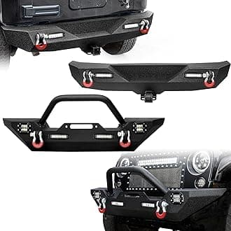 LEDKINGDOMUS Front& Rear Bumper Compatible 07-18 Jeep Wrangler JK &Unlimited Rock Crawler 4X LED Lights w/Winch Plate D-rings, 2x LED Lights & 2" Hitch Receiver, Black, length 61.54" for jk