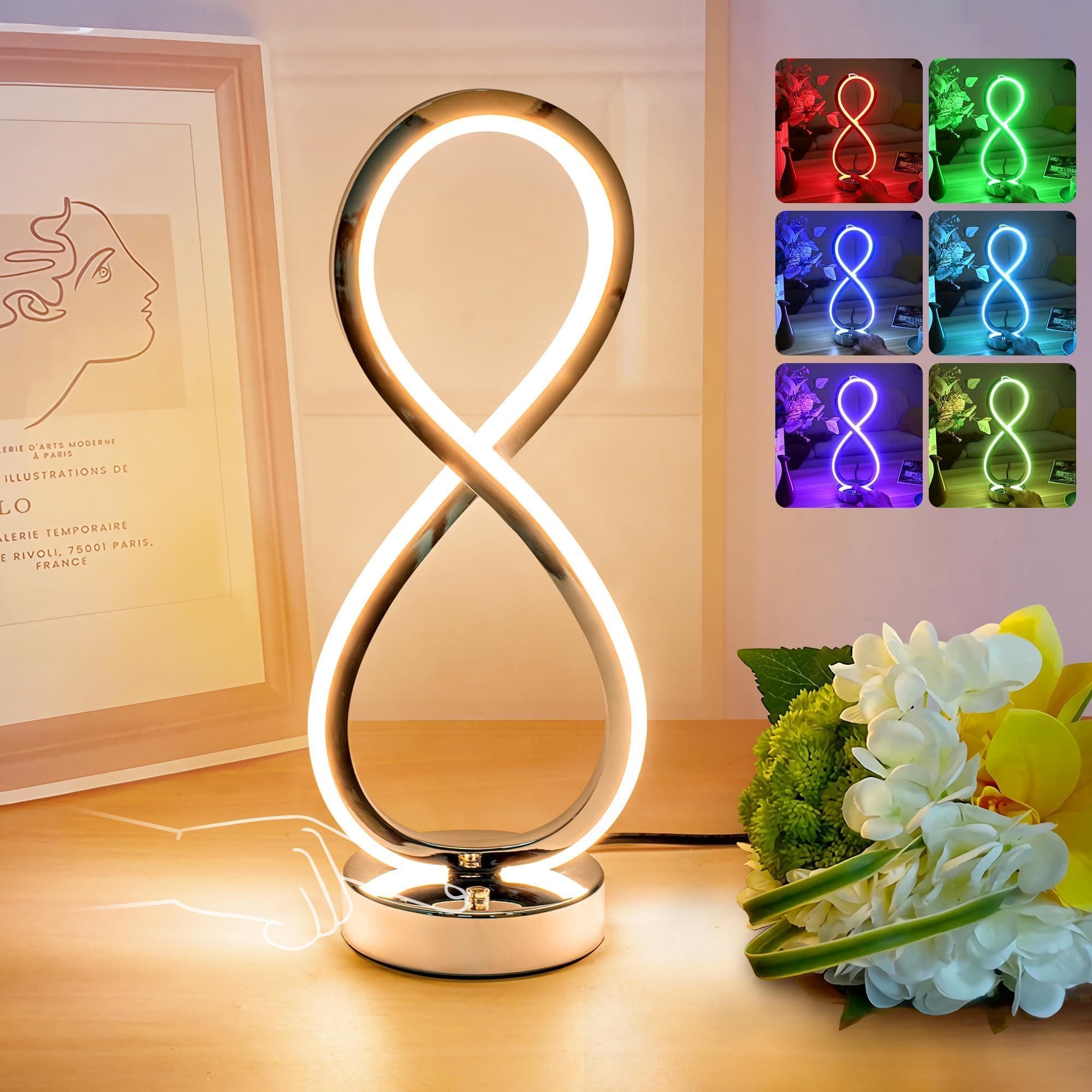 Modern Spiral RGB Table Lamp, 10 Lighting Modes Dimmable LED Lamp with Touch Control, Unique Bedroom Nightstand Lamp for Decorating Living Room and Bedroom, Cool Silver Lamp