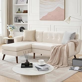 Tbfit L Shaped Couch Sofa, 80" W Mid-Century Modern Sectional Couches, 3 Seater Sofas with Wide Chaise Lounge, Button Tufted Upholstered Sectional Sofa for Living Room, Bedroom, Beige | linen fabric, button tufted, solid wood foot, pocket spring, wood slats frame