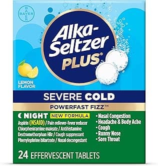 Alka-SELTZER Plus Severe Night Cold PowerFast Fizz Effervescent Tablets, Cold Medicine for Nasal Congestion, Headaches, Cough, Body Aches and More, 20 Count, Packaging May Vary