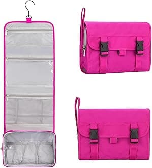 Relavel HangingTravel Toiletry Bag for Women, Large Capacity Toiletries Bag, Travel Essentials Organizer, Hanging Makeup Case for Accessories, Waterproof Bathroom Shower Bag (hot pink)