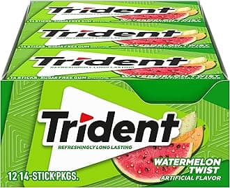 Trident Watermelon Twist Artificially Flavored Sugar Free Gum with Xylitol, 14 Sticks, 12 Pack علكة ترايدنت بطعم البطيخ الملفوف بنكهة صناعية خالية من السكر مع إكسيليتول