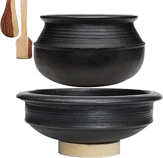 Deep Burned Clay Handi/Pot For Cooking And Serving Combo 1 & 2 Liter, Black,Uncoated