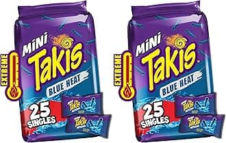 Takis Blue Heat Mini 25 pc / 1.23 oz Bite Size Multipack, Hot Chili Pepper Flavored Extreme Spicy Rolled Tortilla Chips (Pack of 2)