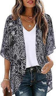 Women's Floral Print Puff Sleeve Kimono Cardigan Loose Cover Up Casual Blouse Tops