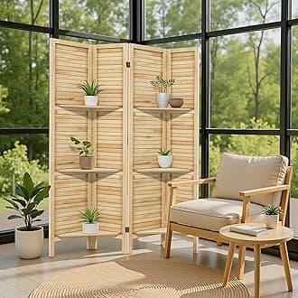Room Divider with Shelves 4 Panel Wooden Folding Room Dividers Privacy Screen Wall Divider for Room Separation for Office and Apartment, Natural