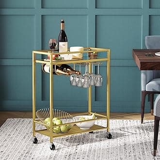 MAHANCRIS Gold Bar Cart, Beverage Cart with Wheels, Bar Cart for The Home, 2-Tier Drink Cart with Wine Rack and Glass Holder, Kitchen, Dining Room, Gold RCJ63B01Z