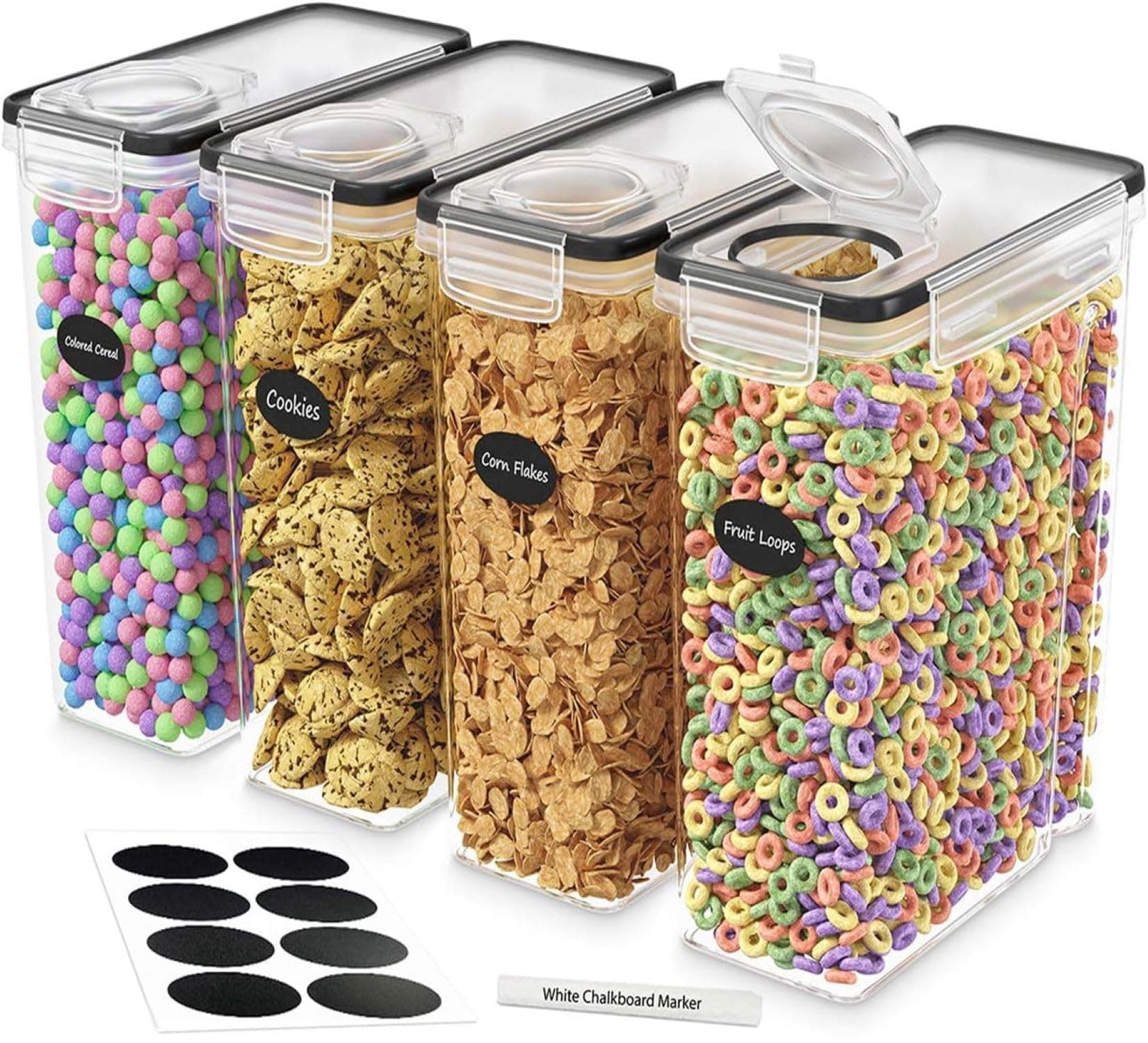 DWËLLZA KITCHEN Cereal Containers Storage 4 Pack 135 fl. oz Cereal Dispenser Airtight Food Storage Containers Pantry Organization and Storage, Canister for Rice Flour & Sugar 1 Marker 8 Labels