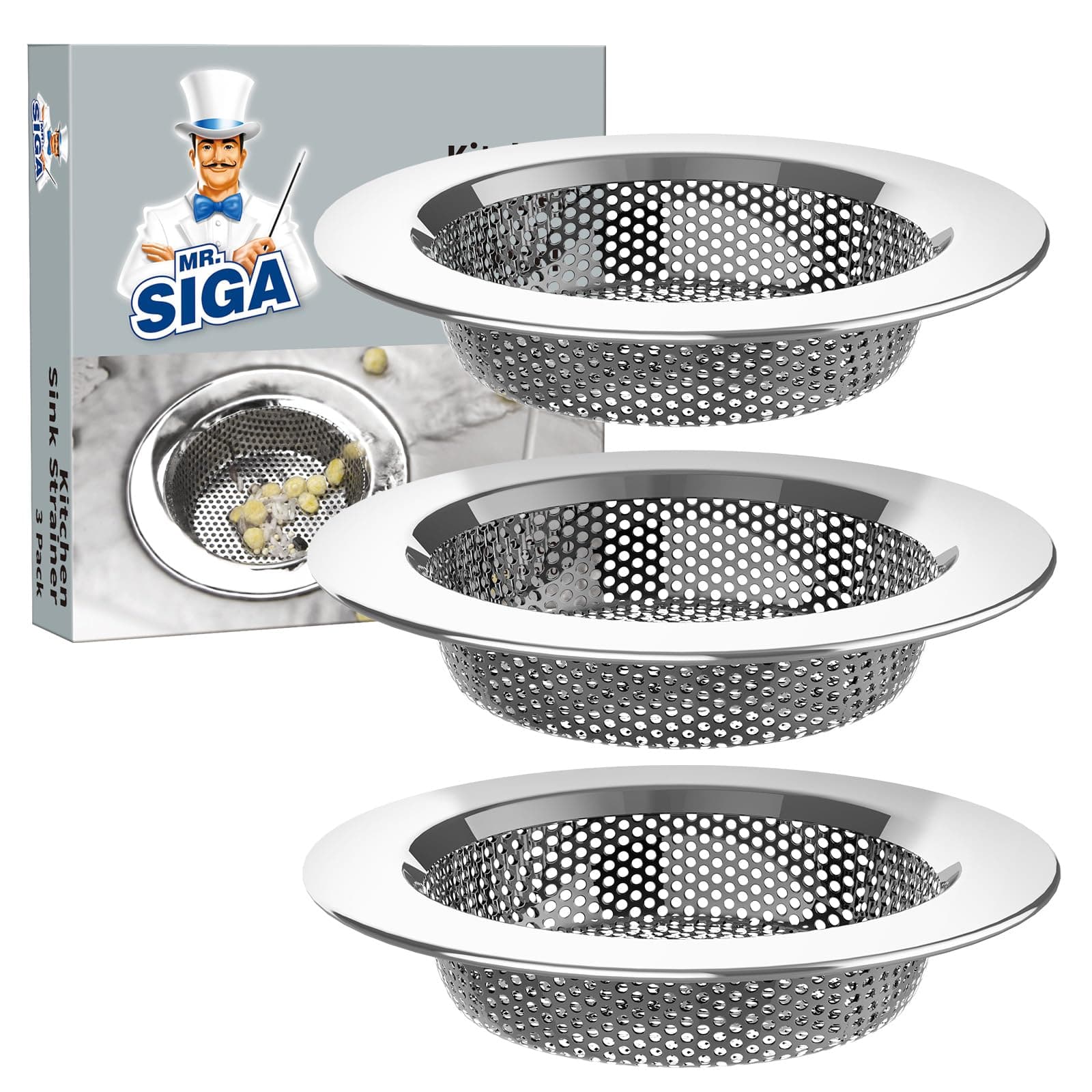 Kitchen Sink Strainer, Stainless Steel Sink Drain Strainer, Dishwasher Safe(External Diameter 11.2cm, Inner Diameter 7.6cm,Pack of 3)