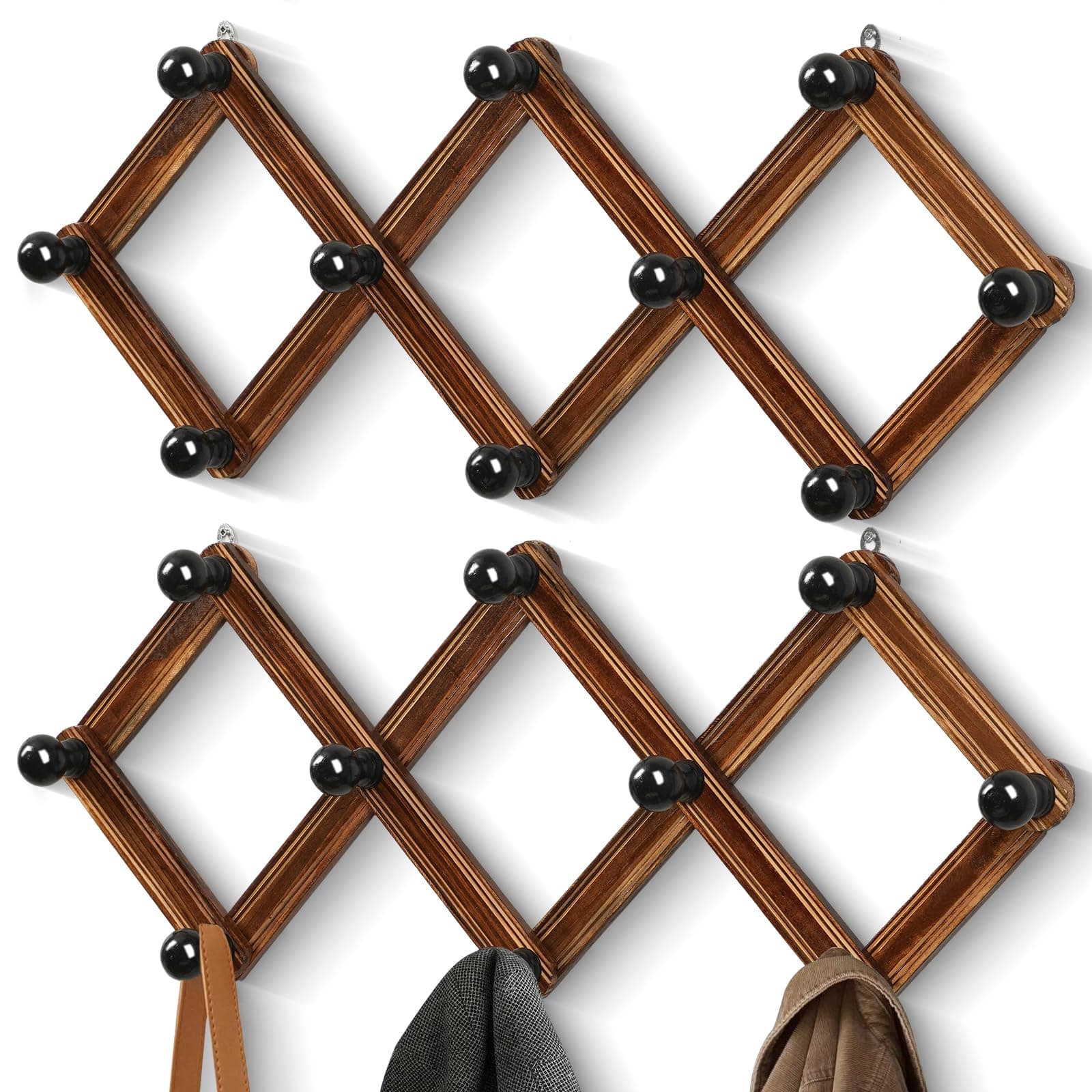 2-Pack Accordion Hat Rack for Wall - Expandable Coat Rack Wall Mount with 10 Hooks - Solid Wooden Wall Hanger for Coats, Hats, Bags & Baseball Caps - Modern Wood Expandable Hat Holder