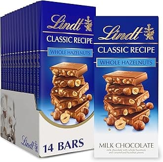 Lindt CLASSIC RECIPE Whole Hazelnut Milk Chocolate Bar, Pack of 14