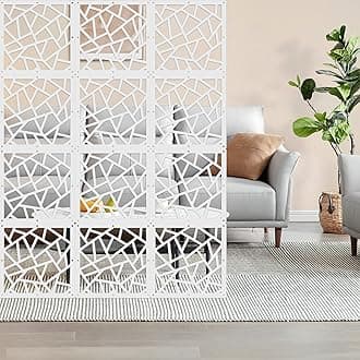 ANMINY 12 PCS Hanging Room Divider Decorative Thick Panels Floral Carving Wall Screen Hollow Out Design for Bedroom Living Dining Room Kitchen Office Restaurant Home Decor - White Geometric Patterns