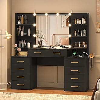 55 in Glass Top Vanity Desk with Mirror and Lights, Large Vanity Makeup Mirror Desk with Charging Station Compartment Storage Drawers, Modern Makeup Vanity with 9 Drawers 6 Shelves, Black