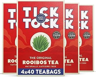 Tick Tock Rooibos Teabags, Caffeine-Free Tea, Pack of 4 x 40 Tea Bags (160 Teabags), Naturally Sweet Herbal Tea, Biodegradable, Rooibos UK, Redbush Tea Bags- 4 Pack