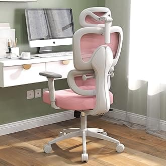 Ergonomic Office Chair with Adjustable Lumbar Support, 3D Arms and Headrest, High Back Wide Desk Computer Chair with Wheels, for Home & Office, Pink