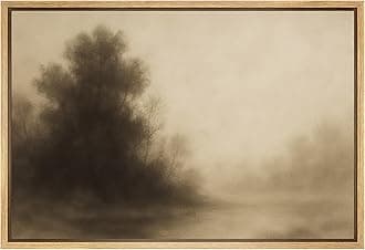 SIGNFORD Framed Canvas Print Wall Art Foggy River Landscape Monochrome Misty Trees and Water Reflection Illustrations Modern Art Decorative for Living Room, Bedroom, Office - 16"x24" Natural