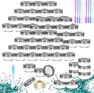 MotBach 50 Pack 10g Plastic Jars with Lids, 10ml Round Clear Cosmetic Containers Makeup Jars, 10gram Travel Size Container Jar with Spatulas for Makeup Sample Lotion Cream Ointment Salve Balm Powder