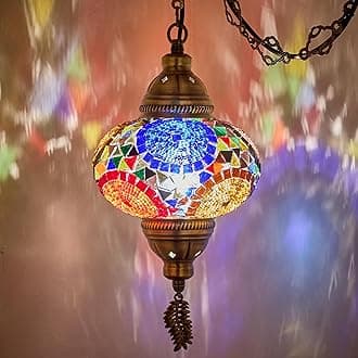 DEMMEX Authentic Turkish Plug In Chandelier Large Globe 6.5" Made in Turkey Turkish Moroccan Mosaic Ceiling Pendant Light with 15ft Cord and Chain