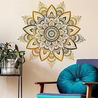 Sacred Golden Mandala Large Wall Stickers, sacinora Boho Mandala Indian Namaste Flower Wall Decals Datura stramonium Removable Vinyl Peel and Stick for Living Room Bedroom Sofa TV Background Art Decor