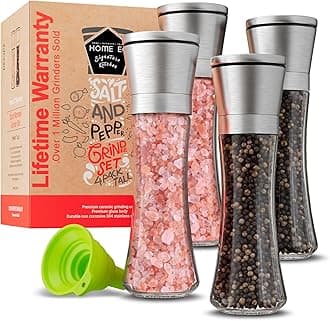 Home EC Original Stainless Steel Sea Salt and Pepper Grinder Set of 4 - Adjustable Ceramic - Tall Glass Salt and Pepper Shakers Mills - Modern Kitchen Spice Mill W/Funnel & EBook